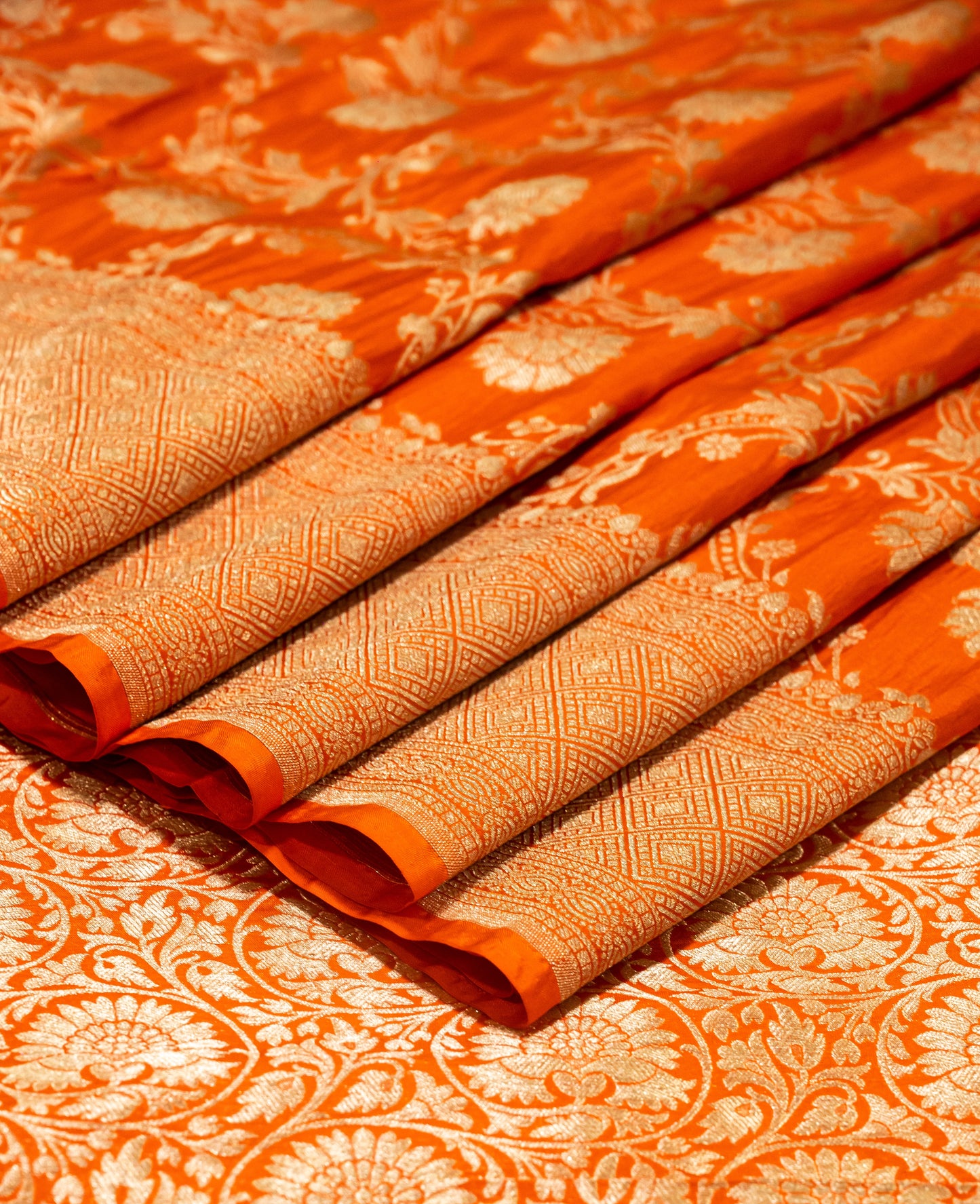 Orange Jaal Handwoven Pure Katan Sona Roopa  Banarasi Saree