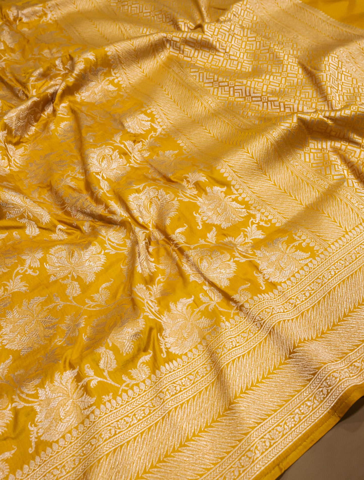 Mustard Yellow Jaal Handwoven Pure Katan Silk Banarasi Saree