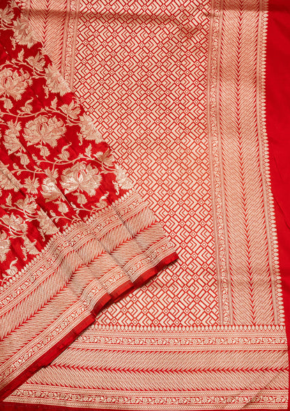 Red Jaal Handwoven Pure Katan Silk Banarasi Saree
