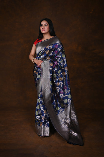 Navy Blue Handwoven Pure Katan Meenakari Banarasi Saree