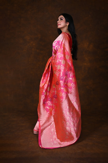 Shaded Pink Handwoven Pure Katan Meenakari Banarasi Saree
