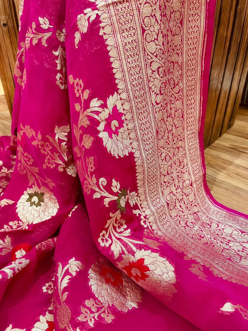 Pure Khaddi Georgette Silk Rani Pink Saree